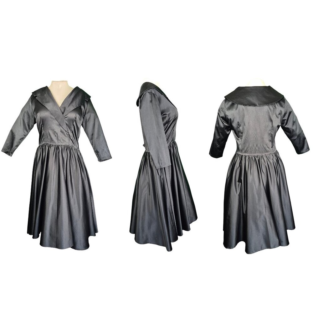 Pinup Couture 1950's Inspired Shawl Collared Swing Dress Black Stretch Satin